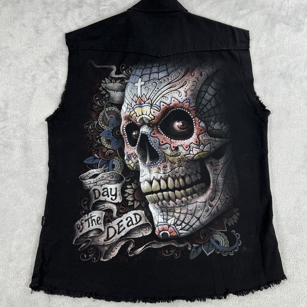 Spiral Direct Day of the Dead Sugar Skull Sleeveless Snap Shirt 2XL Black Mens